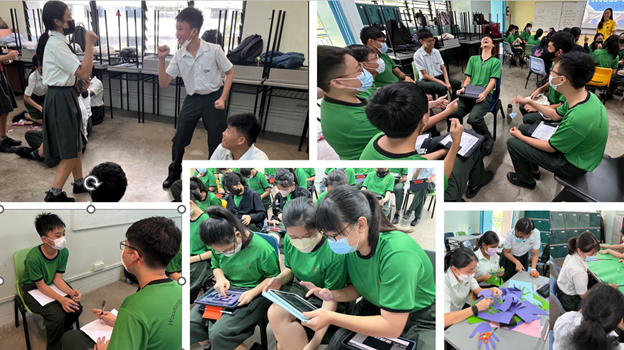 Students in green uniforms engage in various classroom activities including discussions, tablet use, and hands-on crafts.